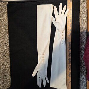 White Nylon Opera Elbow Gloves 21” Faux Pearl Buttons Size Sm Beaded Clutch